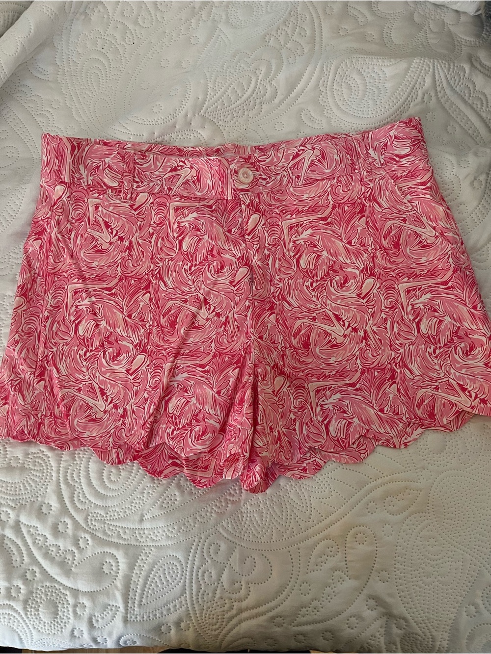 Lauren James Pink Marble-Print Scallop-Hem High-Waist Shorts M - Picture 2 of 9